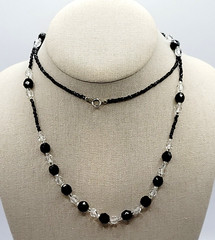 Modern Art Deco Black Clear Cut Crystal Bead Silver Tone Vintage Necklace 31 in
