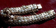 14k yellow gold bracelet 5-5.5mm cultured pearl 0.5ct diamond 7.5″ antique 43.0g