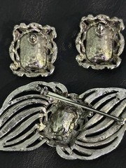 Vintage Brooch Earrings Set Pierced Pink Rhinestone Leaf Flowers Open Work.
