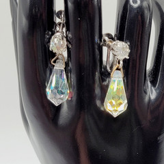 Vintage AB Crystal Faceted Teardrop Prism Drop Dangle Fancy Screw Back Earrings