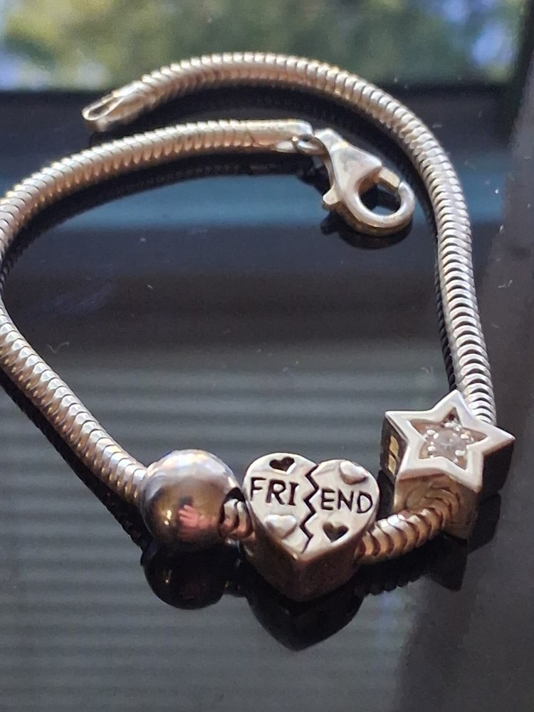 Sterling silver snake chain slide charm bracelet friend star ball bead. SZ 7.75″