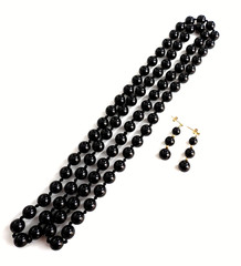 Vintage Set Onyx Necklace No Clasp 14K Y Gold Earrings Beaded Hand Knotted Lot
