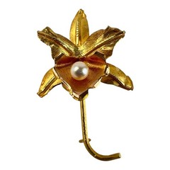 Vintage 18K Yellow & Pink Gold Orchid Pin Genuine Pearl Brooch 3.1g Fine Jewelry