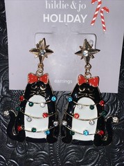 hildie & jo Earrings Cat Tied Up Rhinestones Post Backs Back Christmas New