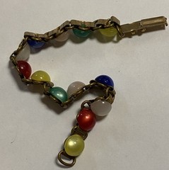 Vtg Multicolor Glass Cabochon Brass Bracelet Fold over Clasp 7.25”