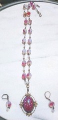 SALE VINTAGE EGYPTIAN SCARAB PENDANT VTG FUCHSIA GIVRE GLASS NECKLACE SET OOAK