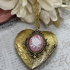 Gold Heart Locket Birthday Anniversary Wedding Pink White Rose Cameo Necklace
