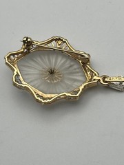 14K Solid Gold Art Deco Camphor Glass Diamond Filigree Pendant Brooch Pin 1.5″