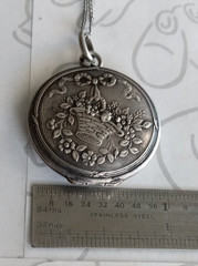 Basket of Flowers Repousse Locket Round Sterling Silver Antique Vintage 18 Chain
