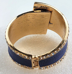 Gold Tone Blue Pebble Leather Inlay Hinge Bracelet With Clear Crystal 6.75 in