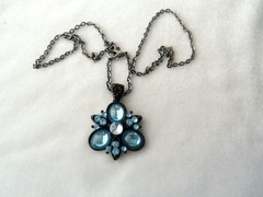 Vintage Sky Blue Rhinestone Cluster Black Enamel Pendant Necklace