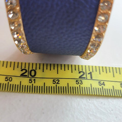 Gold Tone Blue Pebble Leather Inlay Hinge Bracelet With Clear Crystal 6.75 in