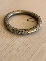 Antique Saigon Argent Dragon Silver Hinged Bangle Bracelet 1920s Art Deco