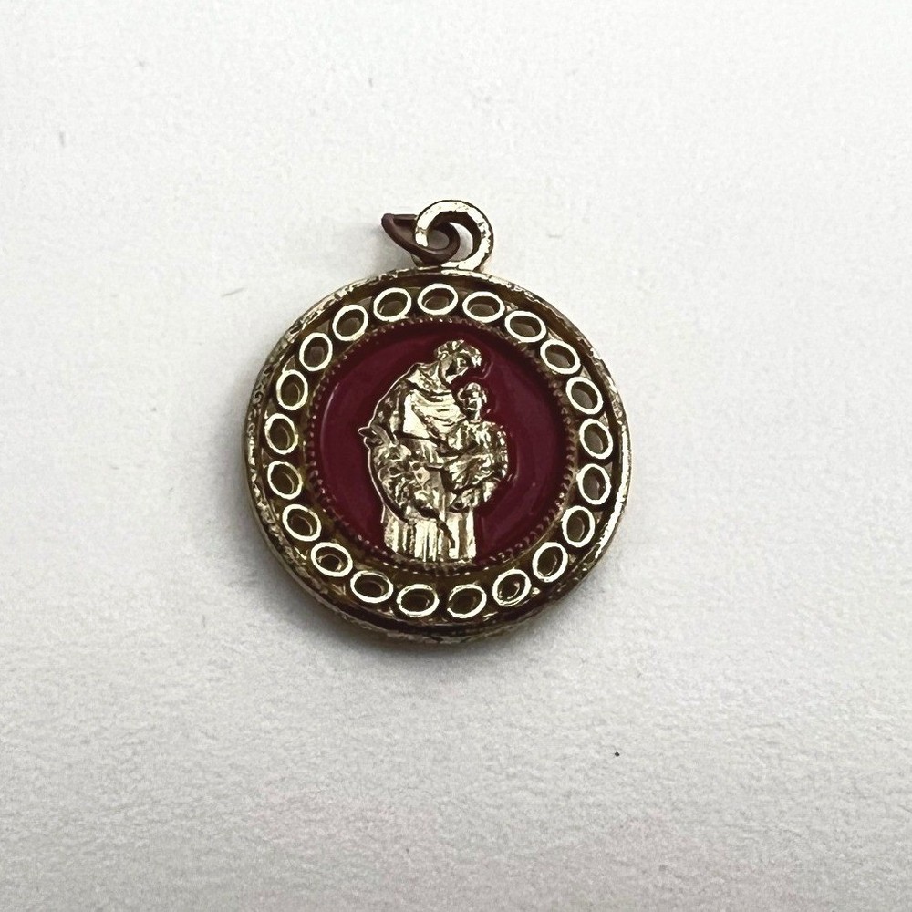 Vintage Saint Anthony of Padua Red Enamel Religious Medal Pendant Gold Tone