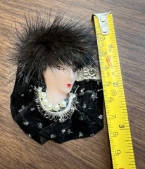 VTG Lady Face Brooch Pin Black Fur Feather Hat Faux Pearls Art Deco Statement