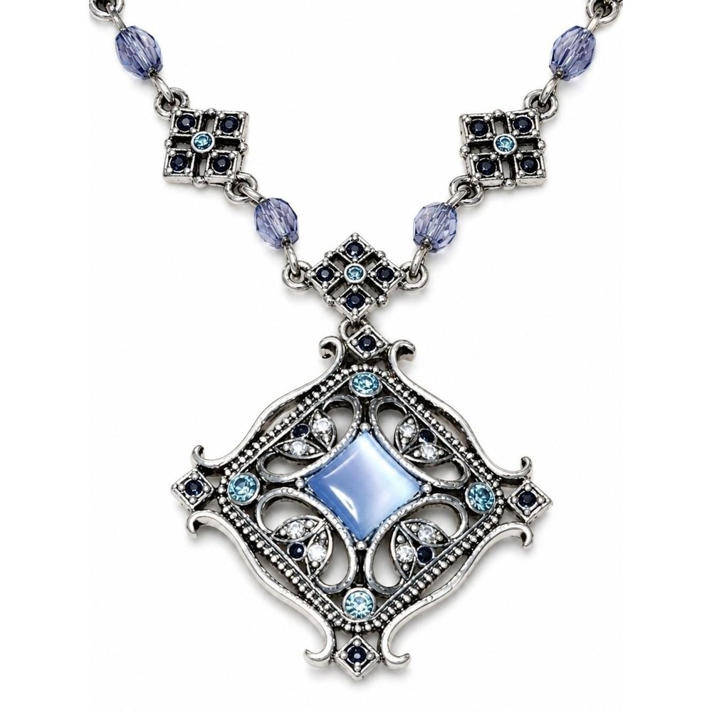 Vintage Avon Nina Ricci Necklace Silver Tone Blue Cabochon Rhinestone Pendant 16