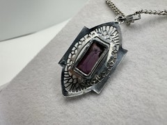 Antique Lavalier Pendant Purple Glass White Gold Plated Filigree Damaged READ