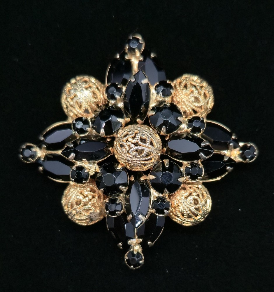 Vtg Verified Juliana Jet Black Rhinestone Filigree Ball Brooch Pin