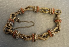 60s Vintage Bracelet Goldtone Faux Coral Seed Pearl Rope Open Knot Links 6.5″