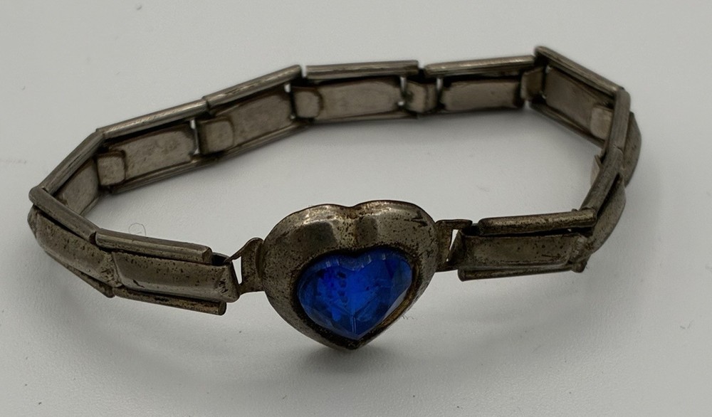 Vintage 60s Made Japan Silver Sapphire Glass Heart Childs Expandable Bracelet