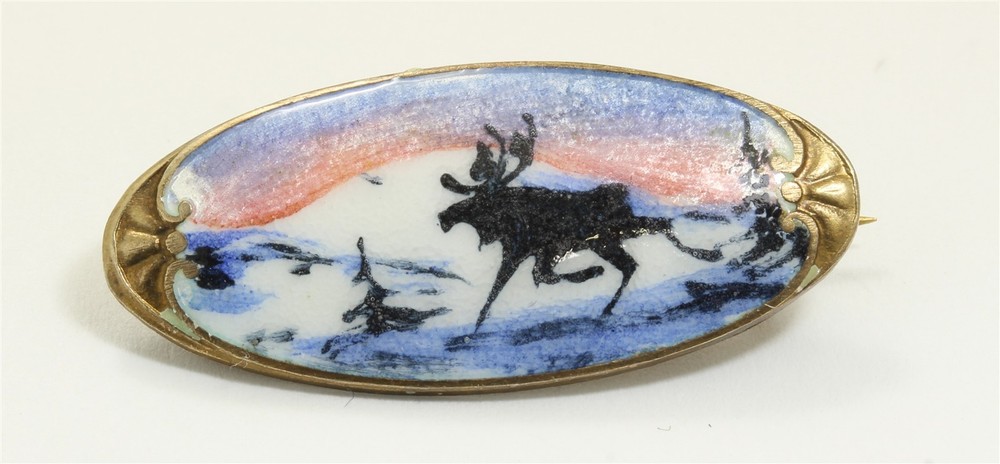 Vintage Norway Sterling Silver 925s Scenic Enamel Moose Winter Brooch Pin
