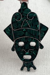 Vintage HOB Mexico 925 Sterling Silver Malachite Pendant Aztec Mayan Face 3.25”