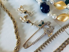 Vintage Blue/Green/Gold Jewelry Mix Lot Earrings Necklace RS Beads Glass Enamel