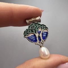 Vintage Sterling Silver 925 Enamel Tree of Life Pendant with Natural Pearl 3g