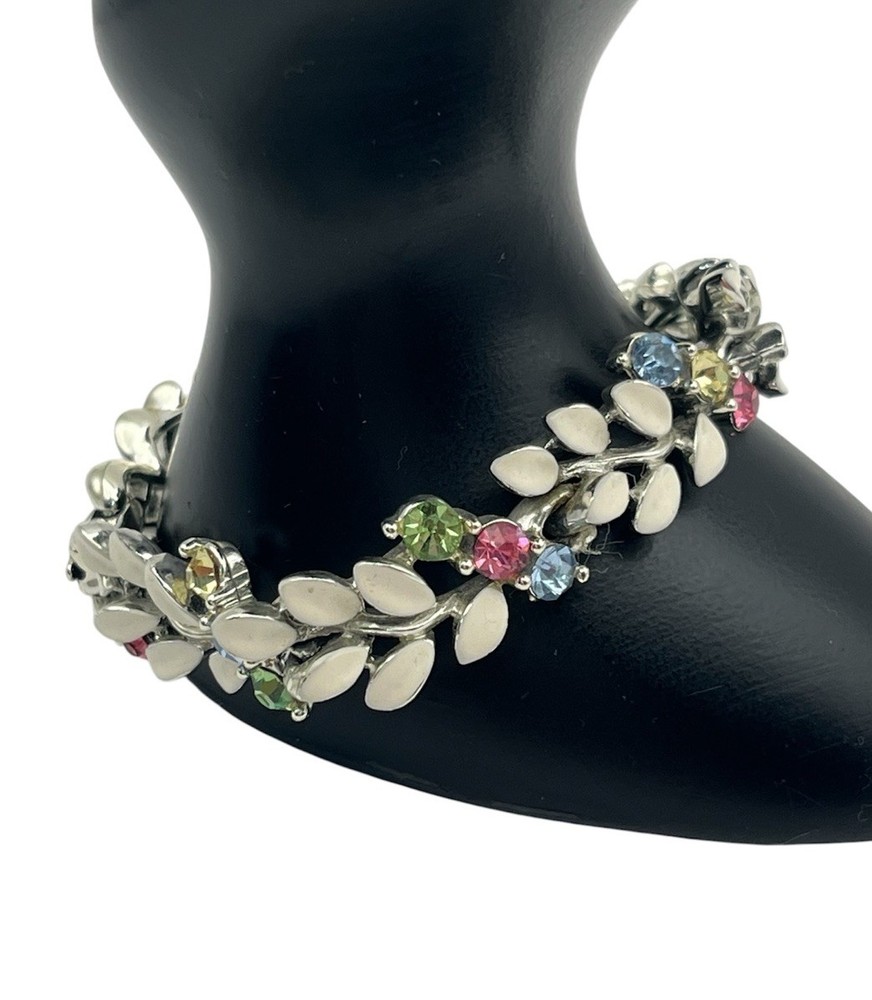 Lisner pastel blue pink green rhinestone white enamel flower leaves bracelet