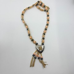 Boho Heart Bolo Necklace Gold Tone Woven Cord Peach Black Beads