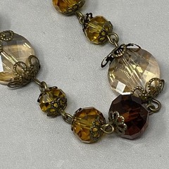 Glass Bead Bracelet Antique Gold Tone Yellow Red Faceted Surface Coated 7.25
