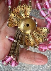 Early Miriam Haskell 3 Strand Pink Glass Filigree Wired Beads Festoon Necklace