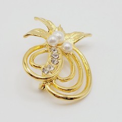 Heart Modernist Abstract Faux Pearl Rhinestone Open Metal Gold Tone Brooch Pin