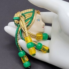 Lady Face Hand Painted Resin Braided Bead Long Hair Art Deco Revival Brooch Pin