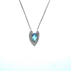 14K White Gold Blue Aquamarine Diamond Artistic Pendant Necklace, 18 Inch Chain