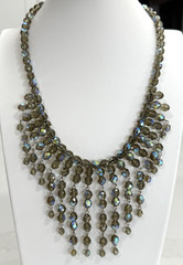 Vintage Smoky Gray AB Waterfall Fringe Statement Faceted Crystal Necklace 20″