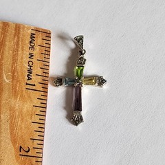 Sterling Silver 925 Cross Pendant With Baguette Cut Multicolored Gemstones