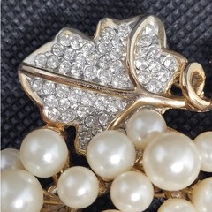 Vintage Gold Tone Faux Pearl Rhinestone Grapevine Cluster Brooch