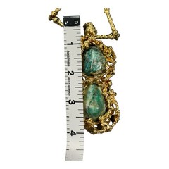 Vintage Brutalist Gold-Tone Necklace Organic Twig Chain w/ Green Stone Pendant