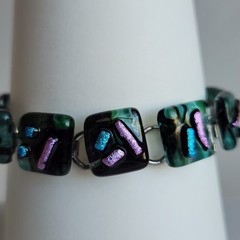 Handcrafted Dichroic Fused Glass Bracelet | Square Links | Blue-Green