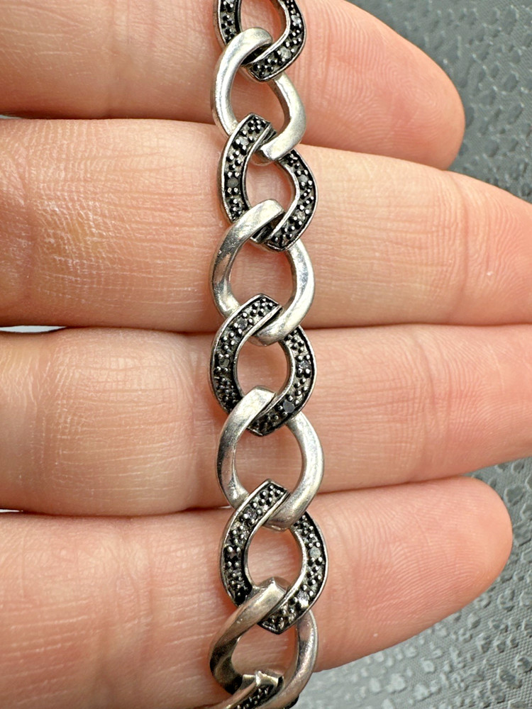 Vtg Alternating Sterling Silver & Marcasite Link Bracelet ~7” 15.7g 9mm Box Lock