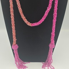 Vintage Sautier Necklace Flapper Style Lariat Pink Orange Beaded Tassel 54”