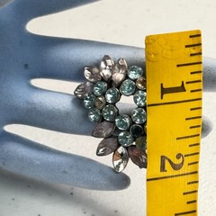Vintage Brooch Ice Blue & Smoky Gray Rhinestone Leaf Heart Wreath Silver Tone