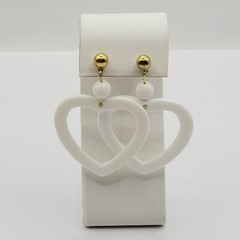 White Heart Open Center Bead Drop Dangle w Ball Stud Gold Tone Vintage Earrings