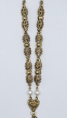 Vtg West Germany Filigree Pendant Necklace Pink Faux Opal Rhinestone Pearl