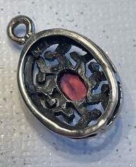 STERLING Silver Marked CW Almandine Garnet AND Marcasite Round Pendant C05
