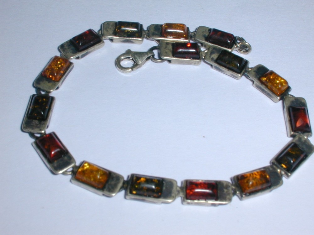 VINTAGE STERLING SILVER TRI COLOR AMBER LINK BRACELET- 7 3/4″ LONG