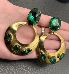 Massive Huge 80s Runway Vintage Green Crystal Dangle Hoop Statement Earrings
