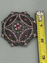 Vintage Pink Black Rhinestone Filigree Brooch Silver Tone Gothic Mandala READ