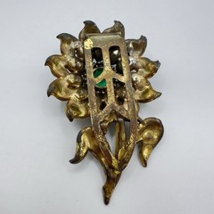Vintage Pot Metal Dress Clip Flower Gold Tone Green Rhinestones 3″